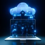 Computer with digital cloud graphic above it.