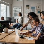 Focused group of diverse young designers working on a laptop together at a desk in their startup office