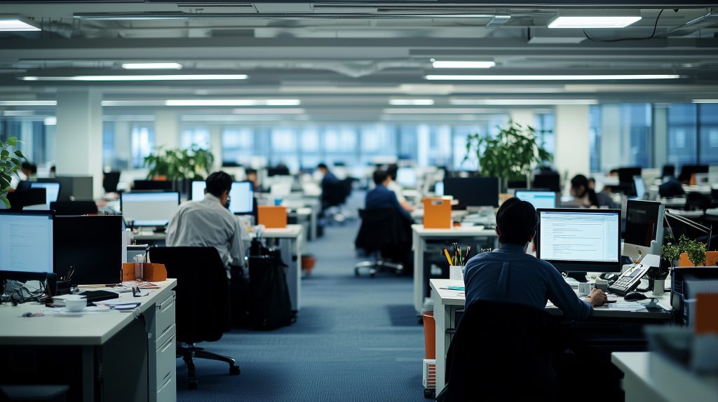 a bustling corporate office environment, viewed across a large, open floor plan. Numerous employees are seated at their desks, deeply focused on their computer screens, indicative of a typical busy workplace. By Art-Park